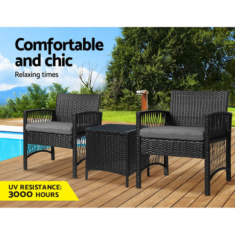 Gardeon 3PC Outdoor Bistro Set Patio Furniture Wicker Dining Chairs Table Cushion Black Chez Guru
