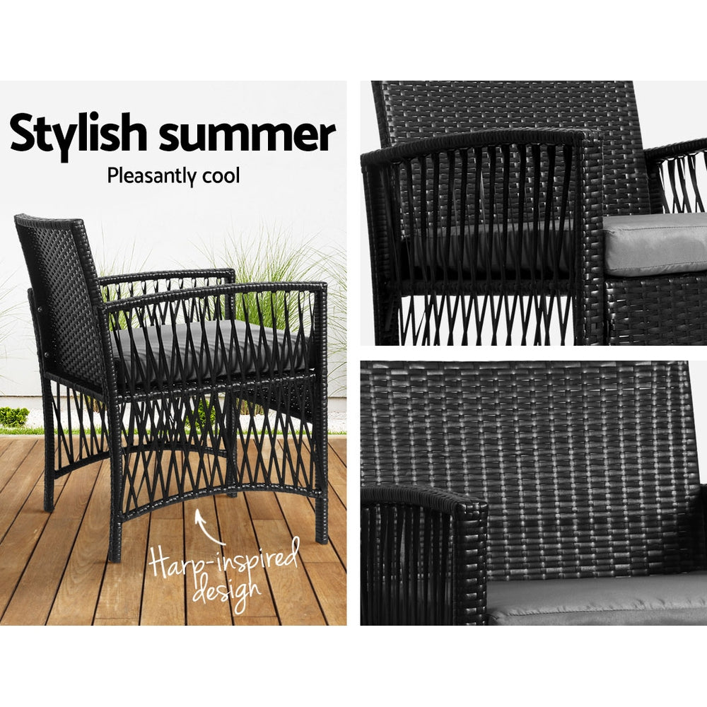 Gardeon 3PC Outdoor Bistro Set Patio Furniture Wicker Dining Chairs Table Cushion Black Chez Guru