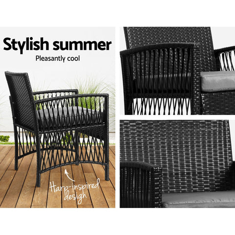 Gardeon 3PC Outdoor Bistro Set Patio Furniture Wicker Dining Chairs Table Cushion Black Chez Guru