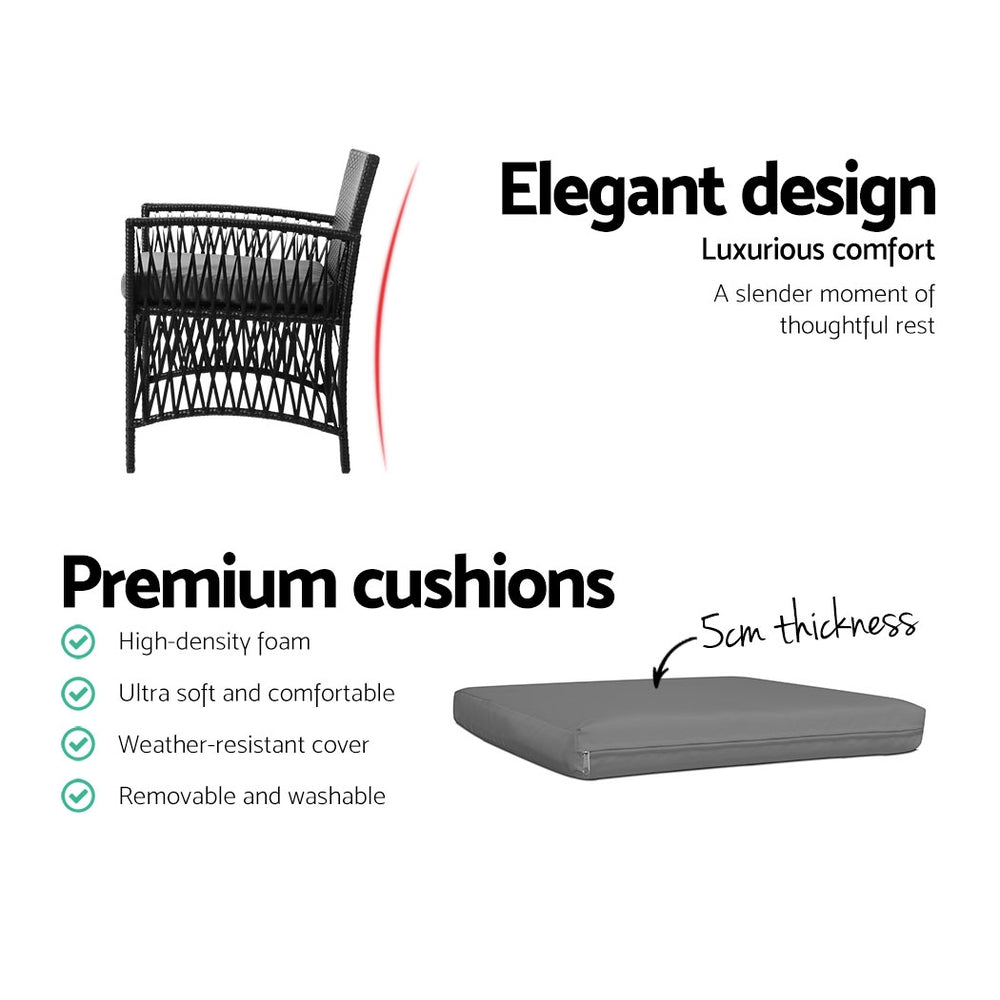 Gardeon 3PC Outdoor Bistro Set Patio Furniture Wicker Dining Chairs Table Cushion Black Chez Guru
