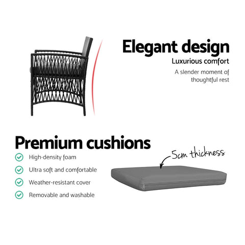 Gardeon 3PC Outdoor Bistro Set Patio Furniture Wicker Dining Chairs Table Cushion Black Chez Guru