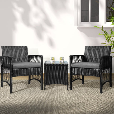 Gardeon 3PC Outdoor Bistro Set Patio Furniture Wicker Dining Chairs Table Cushion Black Chez Guru