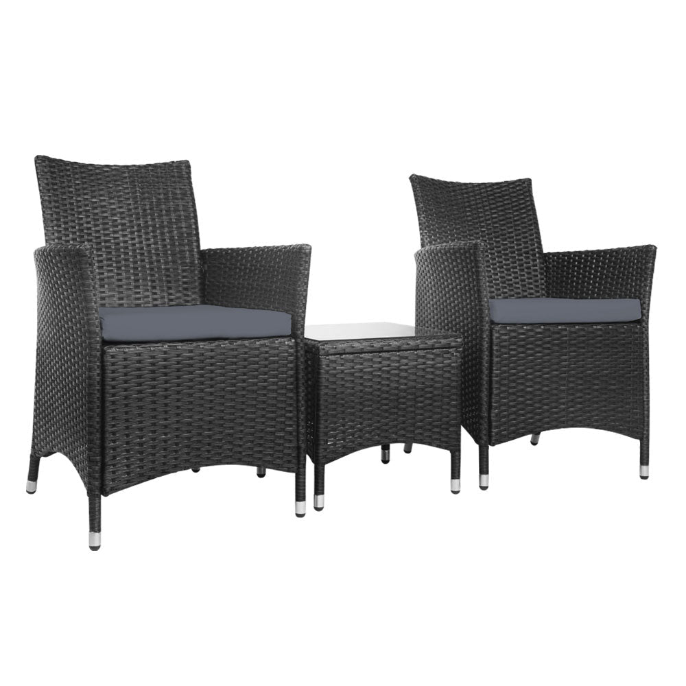 Gardeon 3PC Outdoor Bistro Set Patio Furniture Wicker Setting Chairs Table Cushion Black Chez Guru