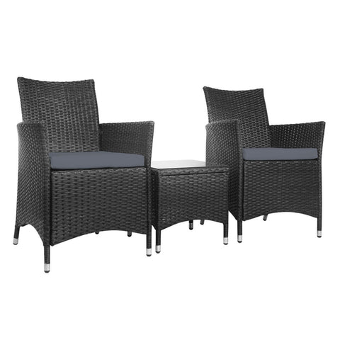 Gardeon 3PC Outdoor Bistro Set Patio Furniture Wicker Setting Chairs Table Cushion Black Chez Guru
