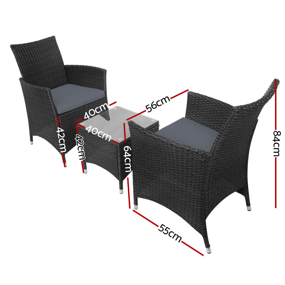Gardeon 3PC Outdoor Bistro Set Patio Furniture Wicker Setting Chairs Table Cushion Black Chez Guru