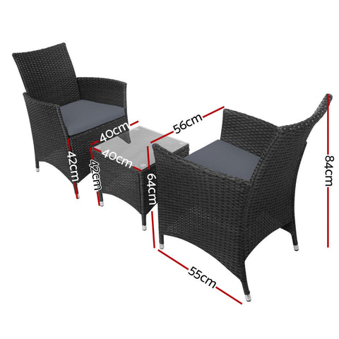 Gardeon 3PC Outdoor Bistro Set Patio Furniture Wicker Setting Chairs Table Cushion Black Chez Guru