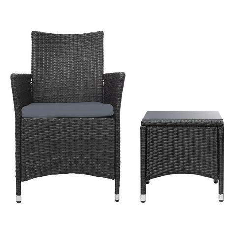 Gardeon 3PC Outdoor Bistro Set Patio Furniture Wicker Setting Chairs Table Cushion Black Chez Guru