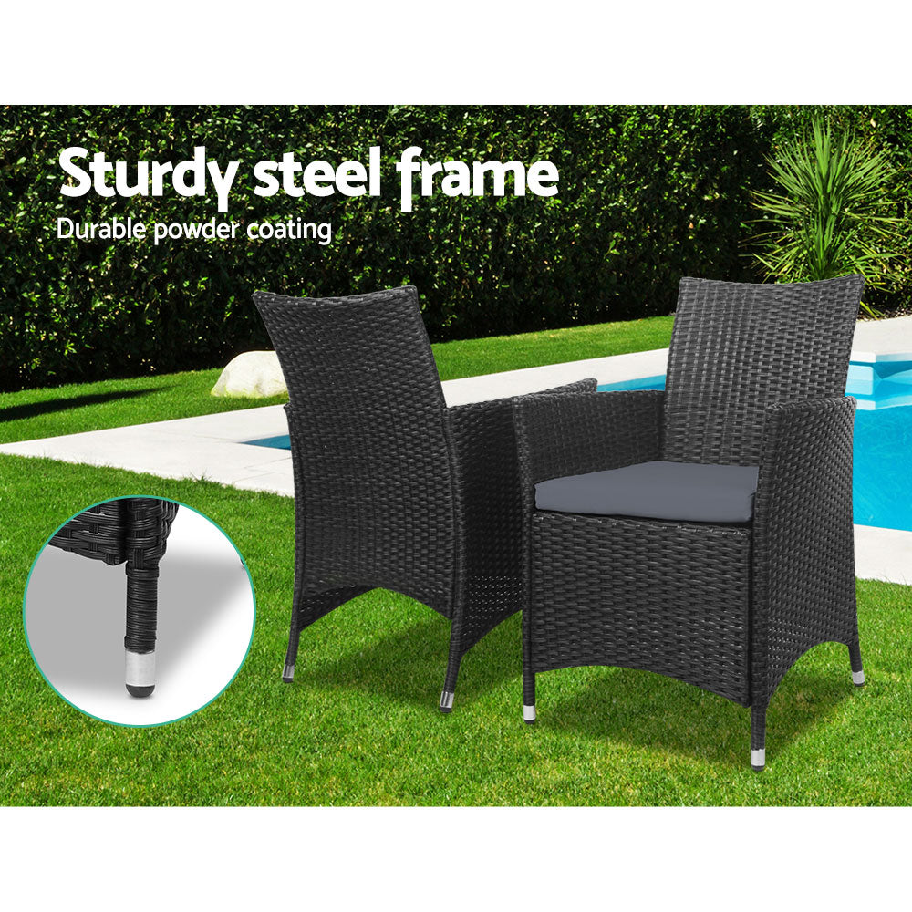 Gardeon 3PC Outdoor Bistro Set Patio Furniture Wicker Setting Chairs Table Cushion Black Chez Guru