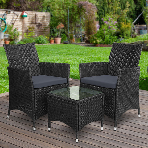 Gardeon 3PC Outdoor Bistro Set Patio Furniture Wicker Setting Chairs Table Cushion Black Chez Guru