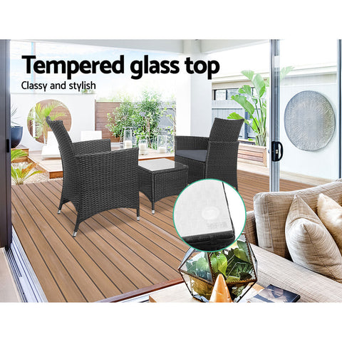 Gardeon 3PC Outdoor Bistro Set Patio Furniture Wicker Setting Chairs Table Cushion Black Chez Guru
