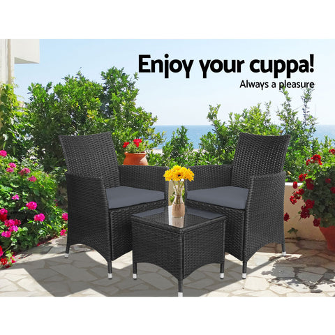 Gardeon 3PC Outdoor Bistro Set Patio Furniture Wicker Setting Chairs Table Cushion Black Chez Guru