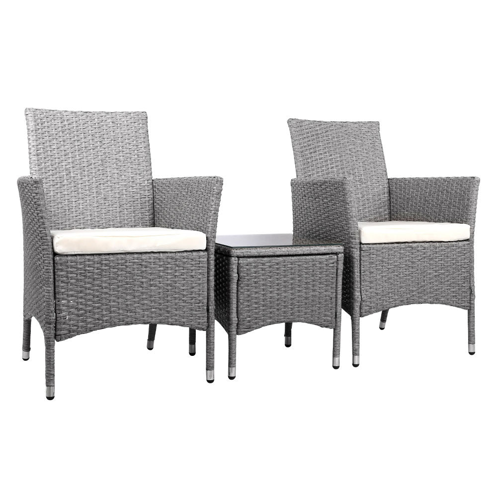 Gardeon 3PC Outdoor Bistro Set Patio Furniture Wicker Setting Chairs Table Cushion Grey Chez Guru