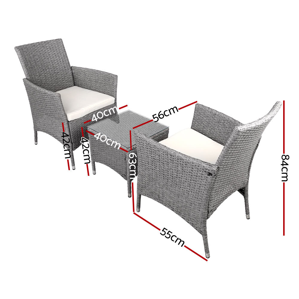 Gardeon 3PC Outdoor Bistro Set Patio Furniture Wicker Setting Chairs Table Cushion Grey Chez Guru