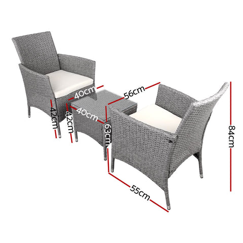 Gardeon 3PC Outdoor Bistro Set Patio Furniture Wicker Setting Chairs Table Cushion Grey Chez Guru