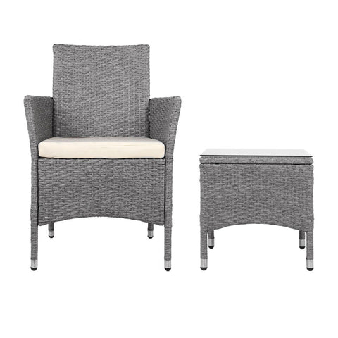 Gardeon 3PC Outdoor Bistro Set Patio Furniture Wicker Setting Chairs Table Cushion Grey Chez Guru