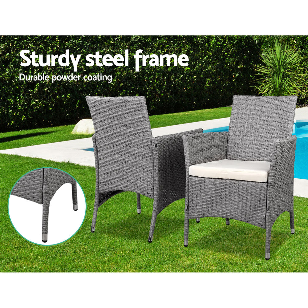 Gardeon 3PC Outdoor Bistro Set Patio Furniture Wicker Setting Chairs Table Cushion Grey Chez Guru