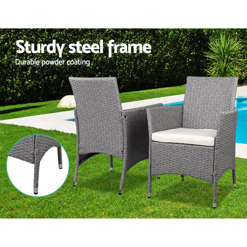 Gardeon 3PC Outdoor Bistro Set Patio Furniture Wicker Setting Chairs Table Cushion Grey Chez Guru