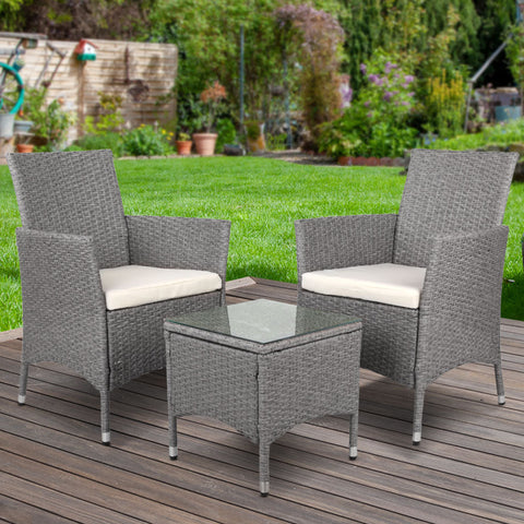 Gardeon 3PC Outdoor Bistro Set Patio Furniture Wicker Setting Chairs Table Cushion Grey Chez Guru