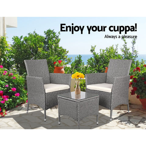 Gardeon 3PC Outdoor Bistro Set Patio Furniture Wicker Setting Chairs Table Cushion Grey Chez Guru