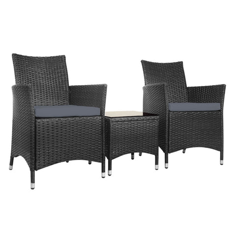 Gardeon 3PC Outdoor Bistro Set Patio Furniture Wicker Chairs Table Cushion All Black Chez Guru