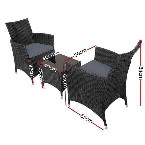 Gardeon 3PC Outdoor Bistro Set Patio Furniture Wicker Chairs Table Cushion All Black Chez Guru
