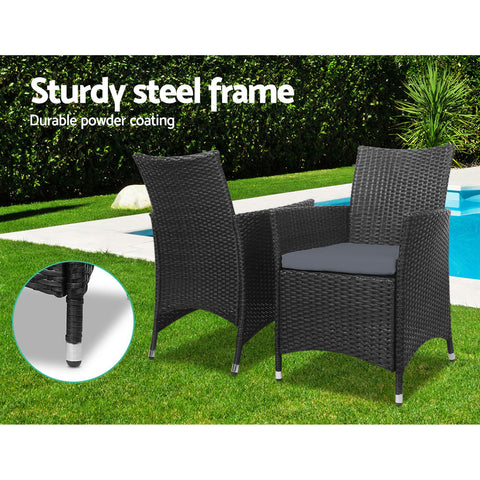 Gardeon 3PC Outdoor Bistro Set Patio Furniture Wicker Chairs Table Cushion All Black Chez Guru