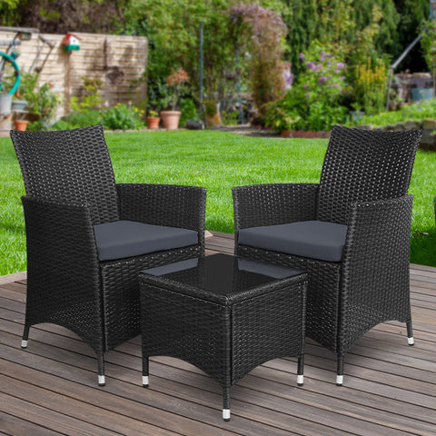 Gardeon 3PC Outdoor Bistro Set Patio Furniture Wicker Chairs Table Cushion All Black Chez Guru