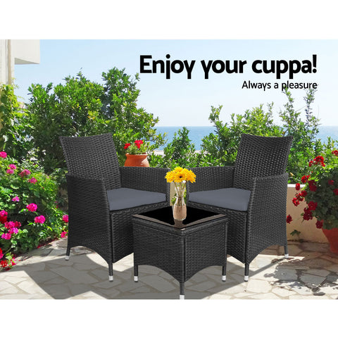 Gardeon 3PC Outdoor Bistro Set Patio Furniture Wicker Chairs Table Cushion All Black Chez Guru