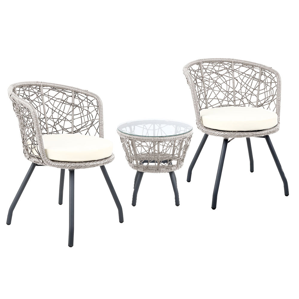 Gardeon 3PC Bistro Set Outdoor Furniture Rattan Table Chairs Patio Garden Cushion Grey Chez Guru