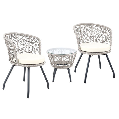 Gardeon 3PC Bistro Set Outdoor Furniture Rattan Table Chairs Patio Garden Cushion Grey Chez Guru