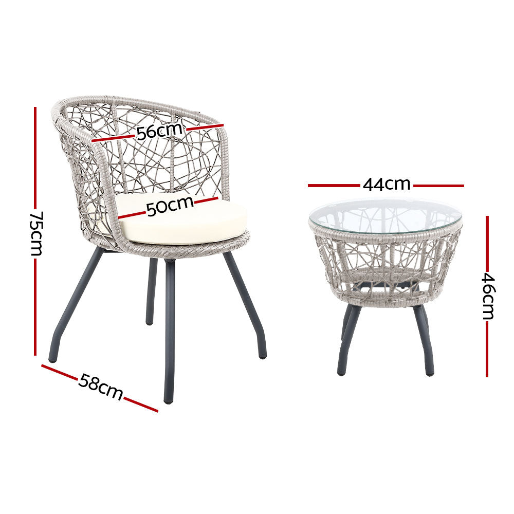 Gardeon 3PC Bistro Set Outdoor Furniture Rattan Table Chairs Patio Garden Cushion Grey Chez Guru