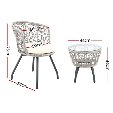 Gardeon 3PC Bistro Set Outdoor Furniture Rattan Table Chairs Patio Garden Cushion Grey Chez Guru