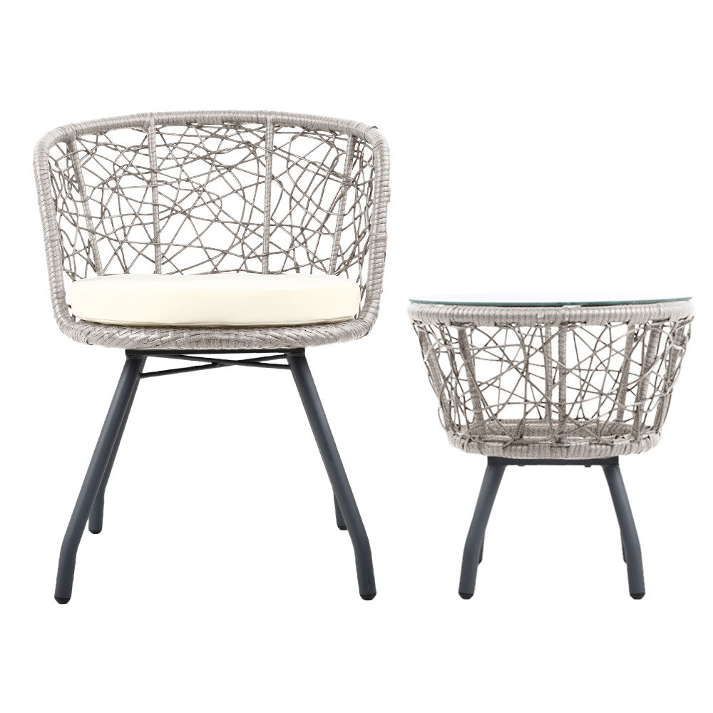 Gardeon 3PC Bistro Set Outdoor Furniture Rattan Table Chairs Patio Garden Cushion Grey Chez Guru