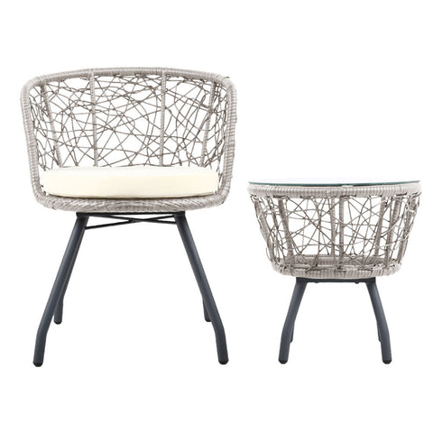 Gardeon 3PC Bistro Set Outdoor Furniture Rattan Table Chairs Patio Garden Cushion Grey Chez Guru
