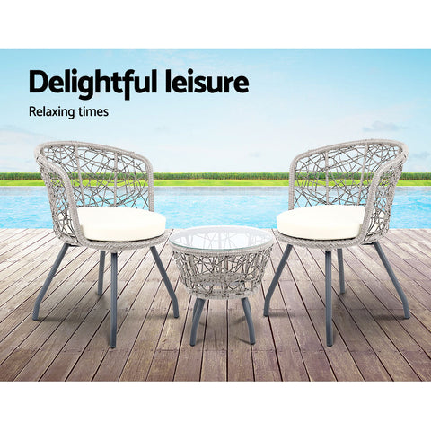 Gardeon 3PC Bistro Set Outdoor Furniture Rattan Table Chairs Patio Garden Cushion Grey Chez Guru