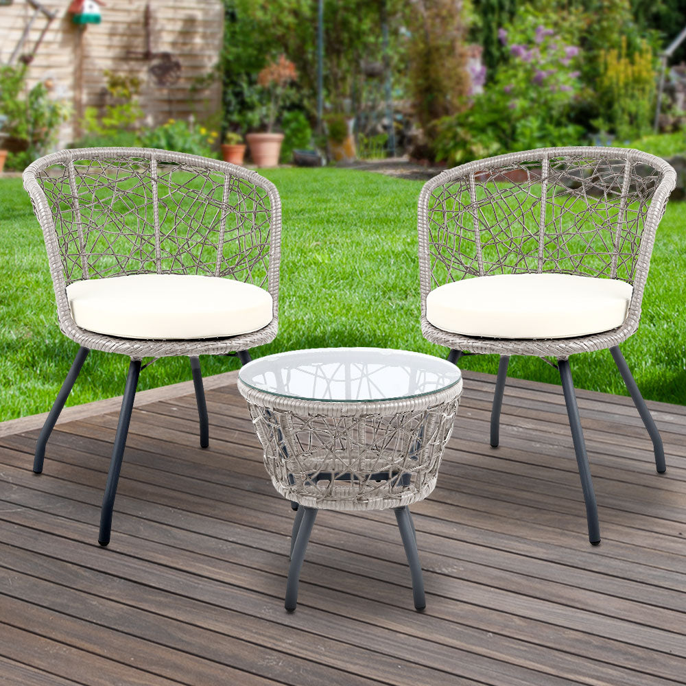 Gardeon 3PC Bistro Set Outdoor Furniture Rattan Table Chairs Patio Garden Cushion Grey Chez Guru