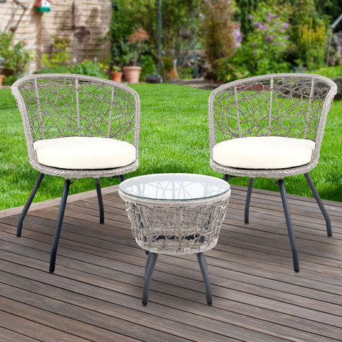 Gardeon 3PC Bistro Set Outdoor Furniture Rattan Table Chairs Patio Garden Cushion Grey Chez Guru
