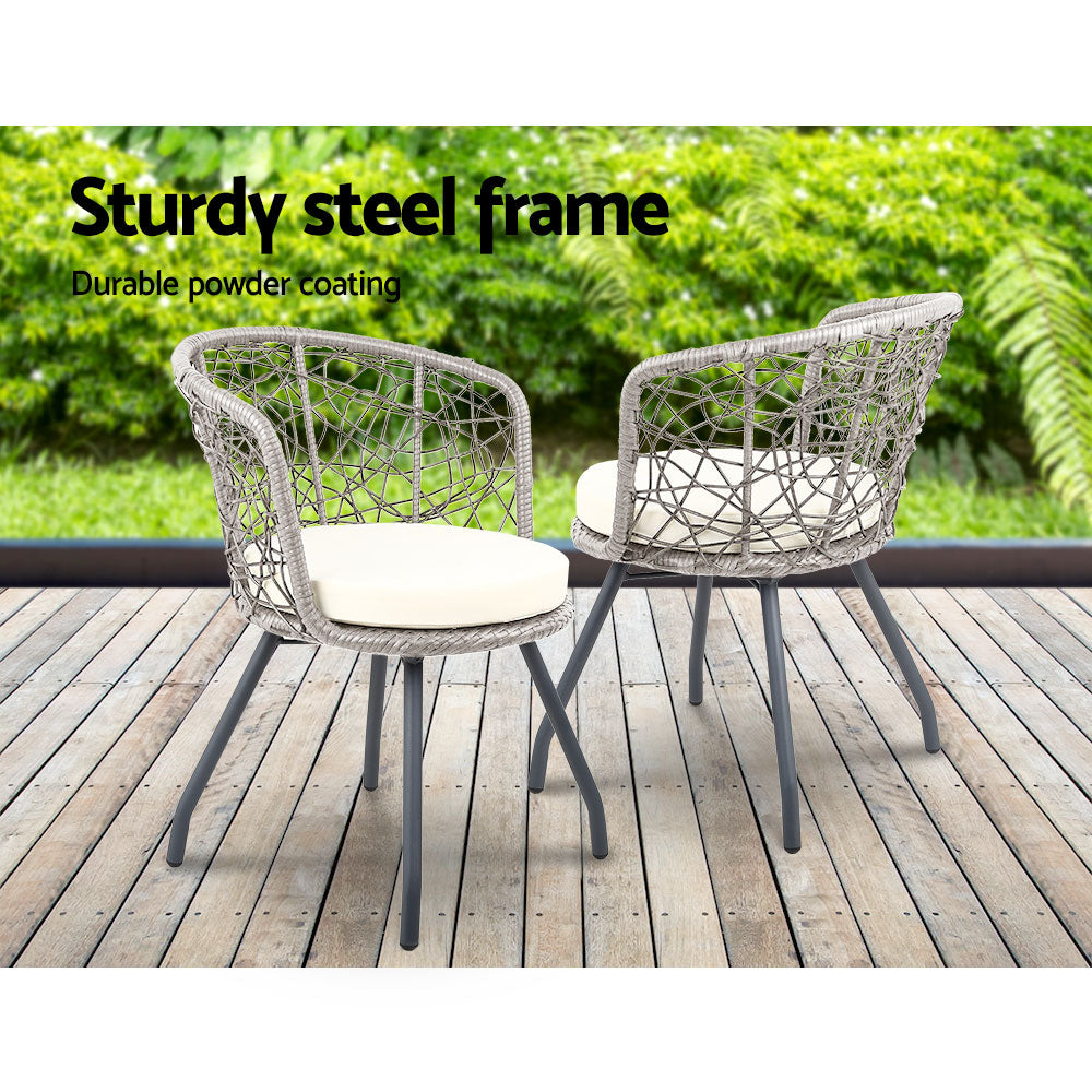 Gardeon 3PC Bistro Set Outdoor Furniture Rattan Table Chairs Patio Garden Cushion Grey Chez Guru