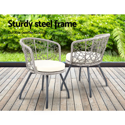 Gardeon 3PC Bistro Set Outdoor Furniture Rattan Table Chairs Patio Garden Cushion Grey Chez Guru