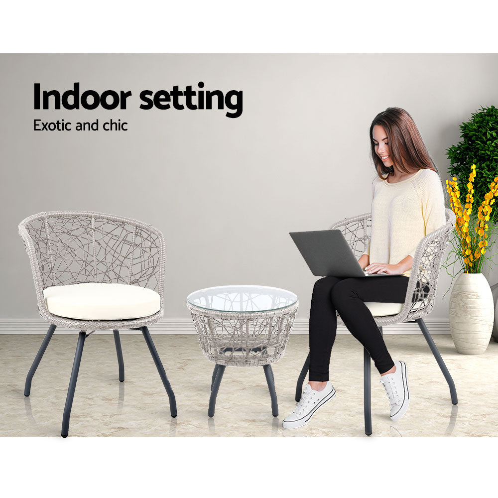 Gardeon 3PC Bistro Set Outdoor Furniture Rattan Table Chairs Patio Garden Cushion Grey Chez Guru