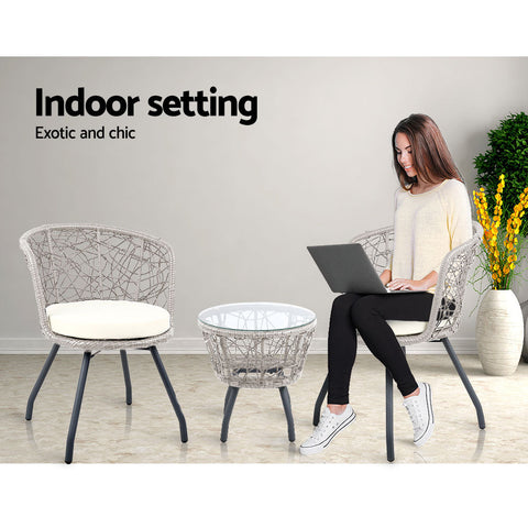 Gardeon 3PC Bistro Set Outdoor Furniture Rattan Table Chairs Patio Garden Cushion Grey Chez Guru