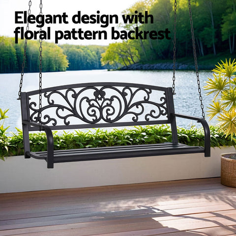 Gardeon Outdoor Porch Swing Chair Patio Furniture Floral Backrest 2 Seater Black Chez Guru