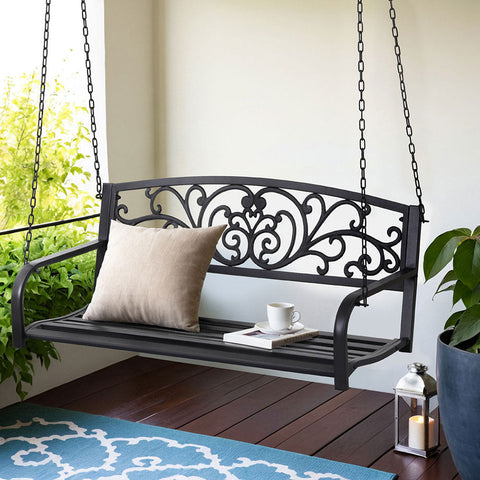 Gardeon Outdoor Porch Swing Chair Patio Furniture Floral Backrest 2 Seater Black Chez Guru