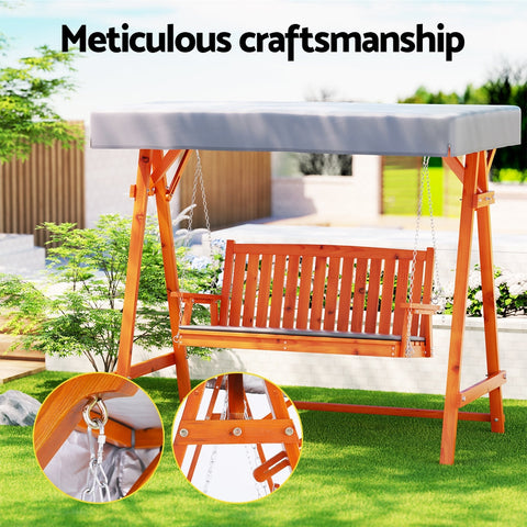Gardeon Outdoor Wooden Swing Chair Garden Bench Canopy Cushion 3 Seater Teak Chez Guru