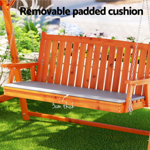 Gardeon Outdoor Wooden Swing Chair Garden Bench Canopy Cushion 3 Seater Teak Chez Guru