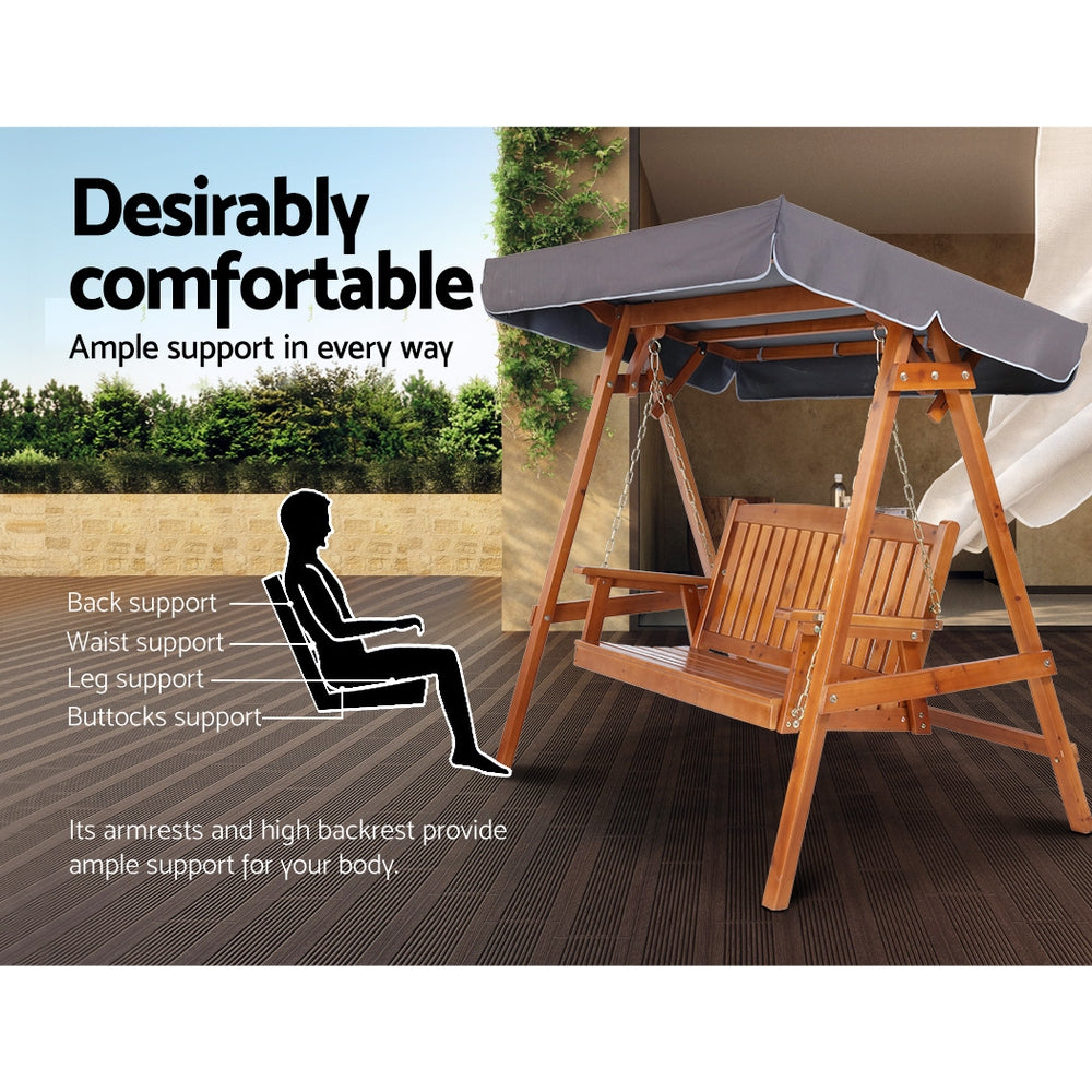 Gardeon Outdoor Wooden Swing Chair Garden Bench Canopy Cushion 3 Seater Teak Chez Guru