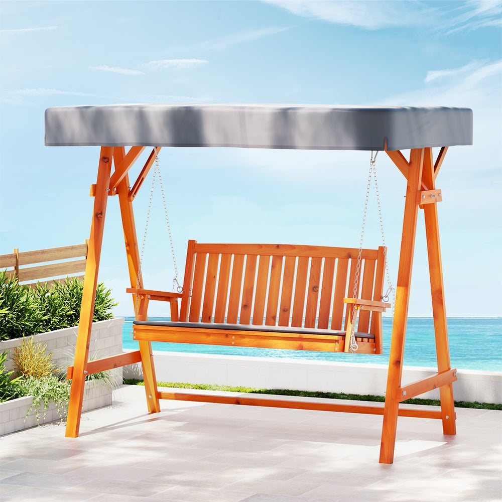 Gardeon Outdoor Wooden Swing Chair Garden Bench Canopy Cushion 3 Seater Teak Chez Guru