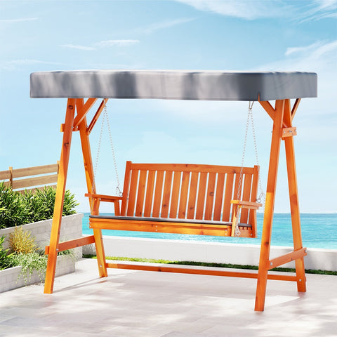 Gardeon Outdoor Wooden Swing Chair Garden Bench Canopy Cushion 3 Seater Teak Chez Guru