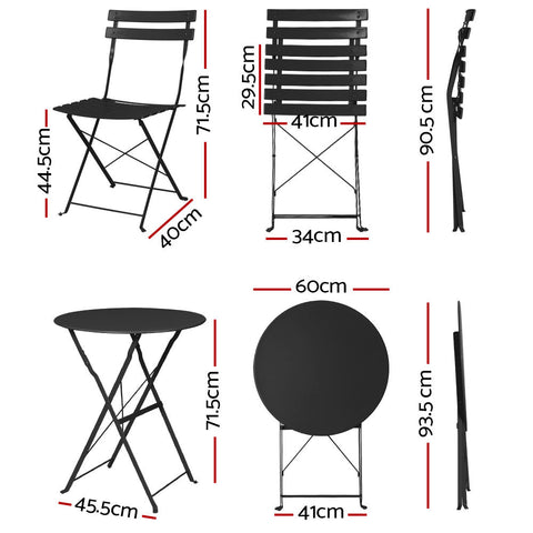 Gardeon 3PC Outdoor Bistro Set Steel Table and Chairs Patio Furniture Black Chez Guru