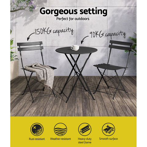 Gardeon 3PC Outdoor Bistro Set Steel Table and Chairs Patio Furniture Black Chez Guru